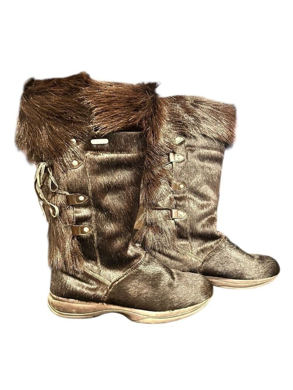 Tecnica Mid Calf Lace Up Pony Hair Goat Fur Vintage Winter Boots Italy Sz 7 EC